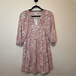 NWT Caslon Pink Floral Puff Long Sleeve Sundress Tiered Flare